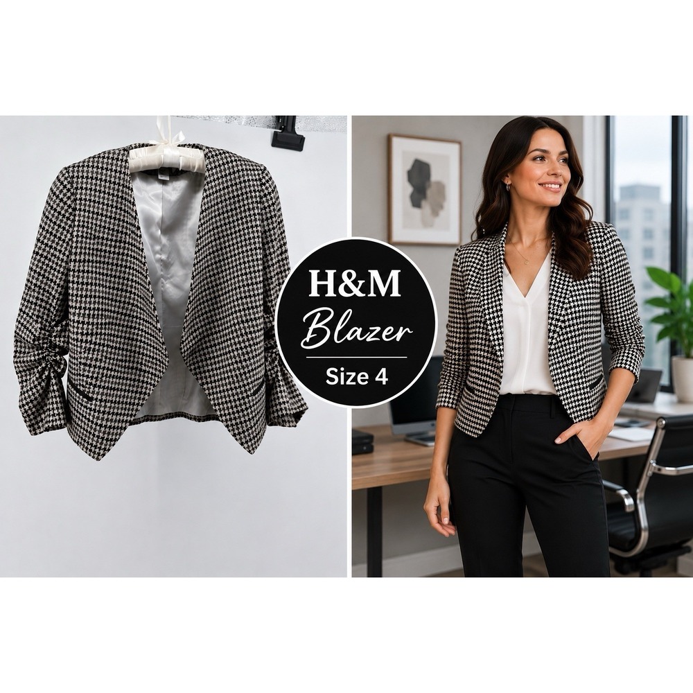 H&M Houndstooth Open Front Blazer Jacket Cropped Ruched Slv Chic Womens 4 Office